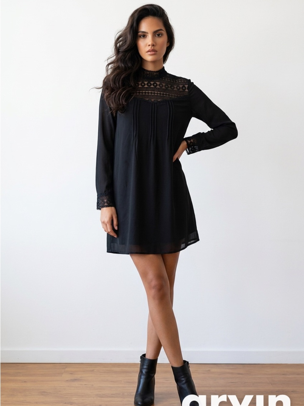 Ya Los Angeles Black Lace Yoke Long Sleeve Dress - Picture 2 of 8